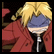Pixelated anime-style character with blonde hair and red coat, showing two sequential expressions: first covering eyes with hand, then revealing wide white eyes and a grin.