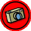 Two red circular icons with black outlines, each containing a beige digital camera with blue lens, one with yellow flash effect.