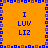 Pixelated orange background with blue text 'I LUV LIZ' repeated in four quadrants, bordered by a patterned frame of alternating blue and purple squares.