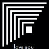 Two static black-and-white geometric patterns with nested squares and 'love you' text at the bottom, one with white squares on black background and the other with black squares on white background.