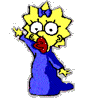 Yellow-haired cartoon character with blue bow, red lips, and blue dress in two poses against gray background.