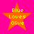 Four orange stars with yellow text "Blue Loves Olive" on a bright pink background, each star in different orientation.