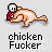 Pixel art of a skeletal figure in red clothing lying on its side with one arm extended, next to text reading 'chicken Fucker' below.