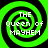 Four identical green and black spiral patterns arranged in a , each containing white pixelated text reading "THE Queen of MAYHEM"