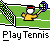 Animated contact sheet of a tennis-themed buddy icon showing multiple frames of a yellow stick figure playing tennis on a green court with tennis balls and rackets.