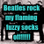 Two side-by-side pixelated text with teal and purple lettering on dark backgrounds, displaying song lyrics against a blurred grayscale backdrop