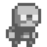 Pixel art character with gray body and white eyes, green lower torso changes shape across frames on light gray background.