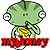 Pixelated green creature with large eyes and yellow chest pattern, holding a heart-shaped object in one frame and red text below in another.