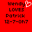 Red background with black pixelated text reading "Wendy LOVES Patrick 12-7-0h7" and a white heart symbol replacing the 'i' in Wendy on one side.