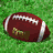 Animated sequence showing football play actions on a grass field with players in red and blue uniforms, including close-up of a brown leather football.