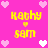 Pixelated pink background with yellow text reading 'Kathy' above a small heart and 'sam' below, surrounded by white and light pink hearts.