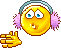 Pixelated yellow circular face with blue eyes and pink earmuffs, showing hand gestures and breath effects