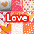 Pixelated of heart and patterned with three distinct 'Love' text overlays in red, yellow, and purple