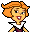 Pixelated cartoon character with orange hair, yellow skin, and a white-and-black outfit against gray background.