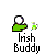 Green hand holding white ball with green sparkles, text 'Irish Buddy' below on gray background.