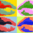 Six pixelated abstract shapes in a on left, bold white 'YO!' text with black outline on bright pink background right