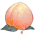 Pixelated peach with gradient from light yellow to orange, two green leaves at base, single droplet below right leaf on gray background.