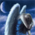 Pixelated image of a dolphin leaping against a blue gradient background with a crescent moon shape on the left.