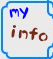 Two side-by-side frames of a pixelated graphic showing 'my info' text within a blue border, with the right frame having slightly less blue in the top-right corner.