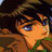 Pixelated anime-style character with brown hair and blue eyes, side profile against black background with white text.