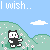 Pixel art animation of a black-and-white character with pink cheeks standing in a green field, saying "I wish.." as white particles float upward.