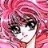 Pixelated anime-style portrait of a character with pink hair and dark eyes against a pink background.