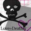 Black skull and crossbones symbol on gray background with 'Love=Death' text below, purple and red grid pattern in upper right corner.