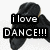 Pixelated black-and-white image of a figure with dark hair and clothing, overlaid by two text blocks reading "i love" and "DANCE!!!" in white pixel font on black backgrounds.