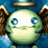 Pixelated green character with large blue eyes, brown ears, and a golden halo against a blue background.