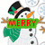Pixelated snowman with black top hat, green scarf, orange carrot nose, and brown twig arms; background has light blue circular patterns.