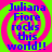 Blue text reading "Juliana Fiore rocks this world!!" on a green and pink spiral background with pixelated edges.