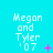 Pixelated text 'Megan and Tyler '07' on cyan background with animated pink symbols changing across frames.