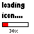 Three sequential loading states show red progress bars at 30%, 50%, and 75% with 'loading icon....' text above each bar, followed by a warning message reading "Warning: unable to continue..." and "We don't give a dam".