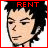 Pixelated character face with black hair and closed eyes, red text above head changing across frames, red border around white background.