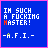 Blue background with white pixelated text reading "IM SUCH A FUCKING MASTER!" and "-A.F.I.-", where the 'M' in MASTER alternates between red and yellow across frames.