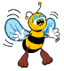 Animated bee character with yellow and black stripes, blue wings, brown feet, antennae with small circles, waving hands, and motion lines on a white background.