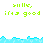 Pixelated green text 'smile, lifes good' repeated three times above and below a cyan wave pattern on white background.
