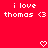 Red background with white pixelated text reading "i love thomas <3" repeated twice, two small heart symbols at bottom center and right.