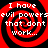 Four identical red and black spiral patterns with white text reading "I have evil powers that don't work..." arranged in a on a black background