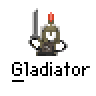 Pixel art gladiator icon with red text branding, displayed in a contact sheet of three animated frames showing slight pose variations.