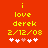 Red background with yellow text reading 'i love derek 2/12/08' and five white/pink hearts below, two versions showing heart animation changes.