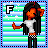 Pixel art character with long black hair and orange skin wears white crop top, checkered belt, black pants; background has green-blue stripes and stars.