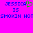 Pixelated text on bright pink background with blue and green elements, showing 'JESSICA' with a heart symbol and repeated phrases.