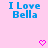 Pixelated blue text "I Love Bella" on pink background with two pixelated pink hearts below.