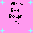 Pixelated text 'Girls like Boys =)' on pink background with light blue stars, arranged in four identical quadrants.