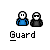 Pixel art of two figures labeled 'Guard' with blue and black clothing, showing sequential animation changes including speech bubbles and red effects.