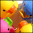 Pixelated image with four quadrants: top-left shows a yellow duck-like character, top-right and bottom-left have black text on pink backgrounds, bottom-right is gray.