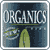 Static pixel art icon featuring the word ORGANICS in large white block letters above a green horizontal line, with abstract blue and gray background elements including a tall green shape resembling a plant or leaf.