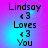Pixelated text displays "Lindsay" at top, two heart symbols, "Loves" in middle, two heart symbols, and "You" at bottom on a gradient background.