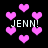 Black background with scattered pink pixelated hearts and repeated 'JENN!' text in white block letters.